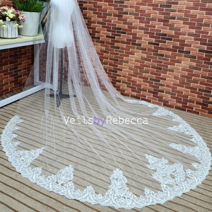 new sequins ivory soft tulle embroidery lace bottom cathedral  bridal wedding veil S462