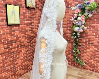 Chantilly Lace Mantilla Wedding Veil V817, Cathedral Length, Eyelash Lace Edge