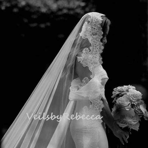 Wide French Chantilly Lace Mantilla Wedding Veil-Cathedral Bridal Veil,Spanish eyelash lace edge veil,Handmade ivory lace catholic veil V612