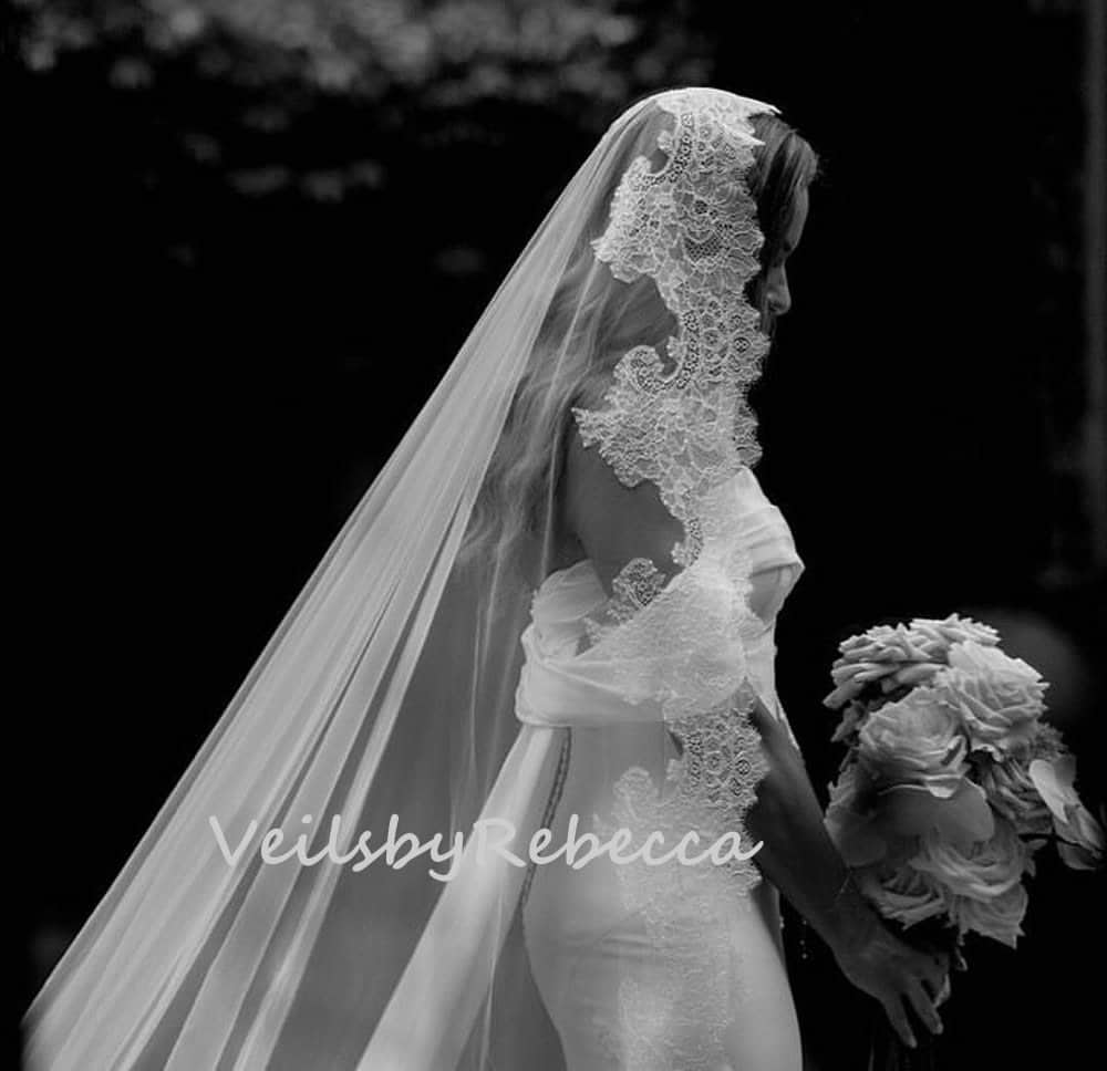 Wedding Veil - Mantilla Lace Trimmed Veil with Headband - Style #709