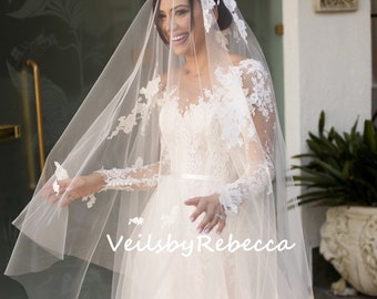 2 tiers ivory floral lace appliques drop floating chapel wedding veil with a blusher S402