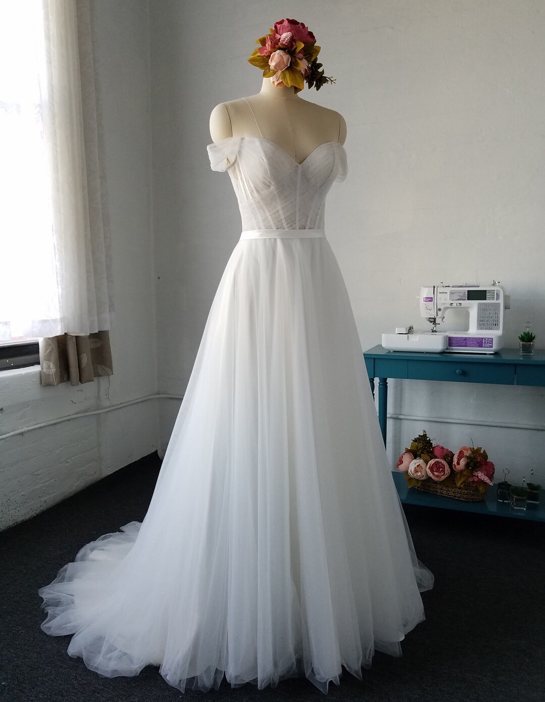 Boho Sweetheart Lace & Tulle Beach Wedding Dress - Off Shoulder, Handmade