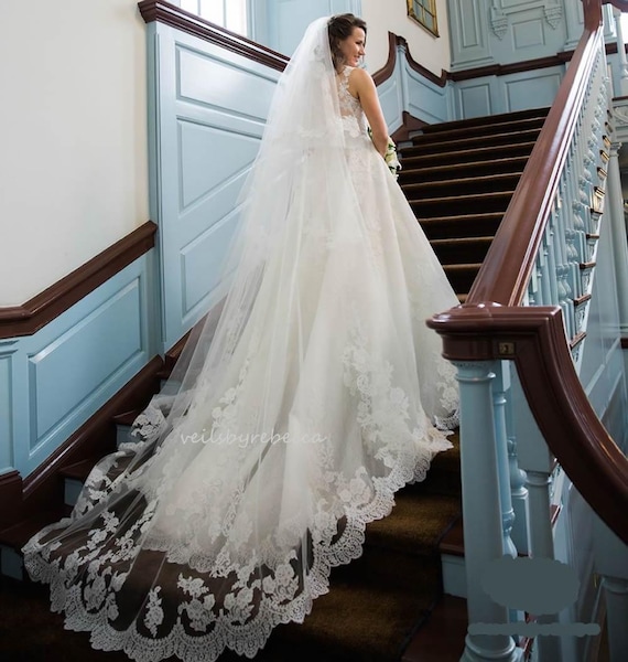Chantilly Lace Cathedral Veil V627: 2-tier Elbow Blusher  display picture 2