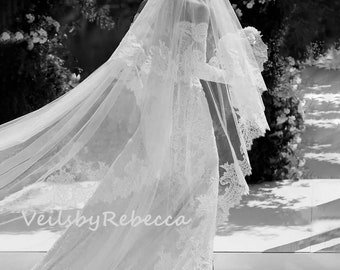 2 tiers wide Chantilly lace drop floating wedding veil in cathedral length, 2 layers lace blush bridal veil V612D