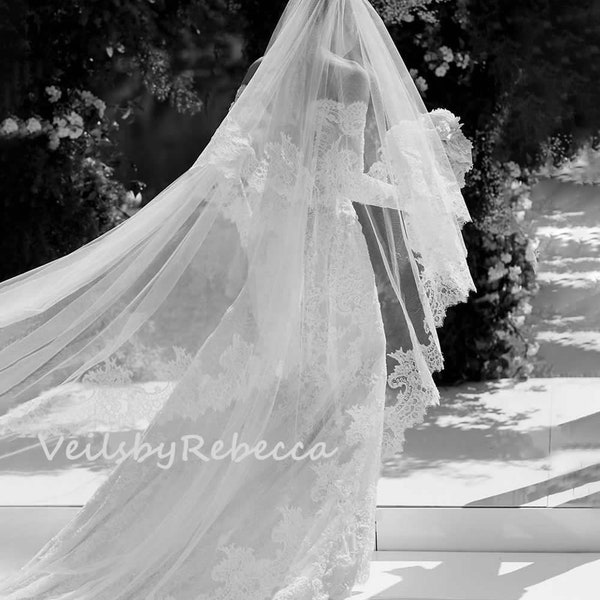 2 tiers wide Chantilly lace drop floating wedding veil in cathedral length, 2 layers lace blush bridal veil V612D