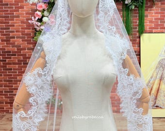Chantilly Lace Mantilla Wedding Veil, Cathedral Length, Eyelash Lace Edge