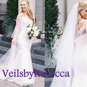 2 tiers cathedral lace veil,cathedral lace bottom veil with plain tulle blusher,french Chantilly lace tulle cathedral veil V612B