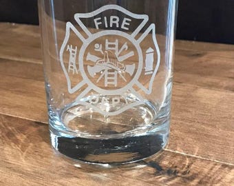 Personalized Firefighter Whiskey Glass, Etched Maltese Cross Rocks Glass