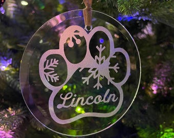 Personalized Dog Christmas Ornament, Etched Glass Paw Print with Snowflakes and Name
