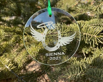 Horse Memorial Ornament, Personalized Etched Glass with Horseshoe, Wings and Name