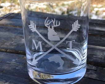 Hunting & Fishing Whiskey Glass: Custom State Initials, Deer and Fish
