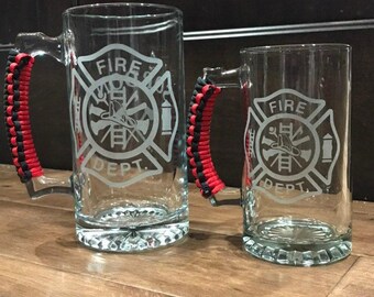 Custom Firefighter Beer Mug: Etched Firehouse Design with your department logo