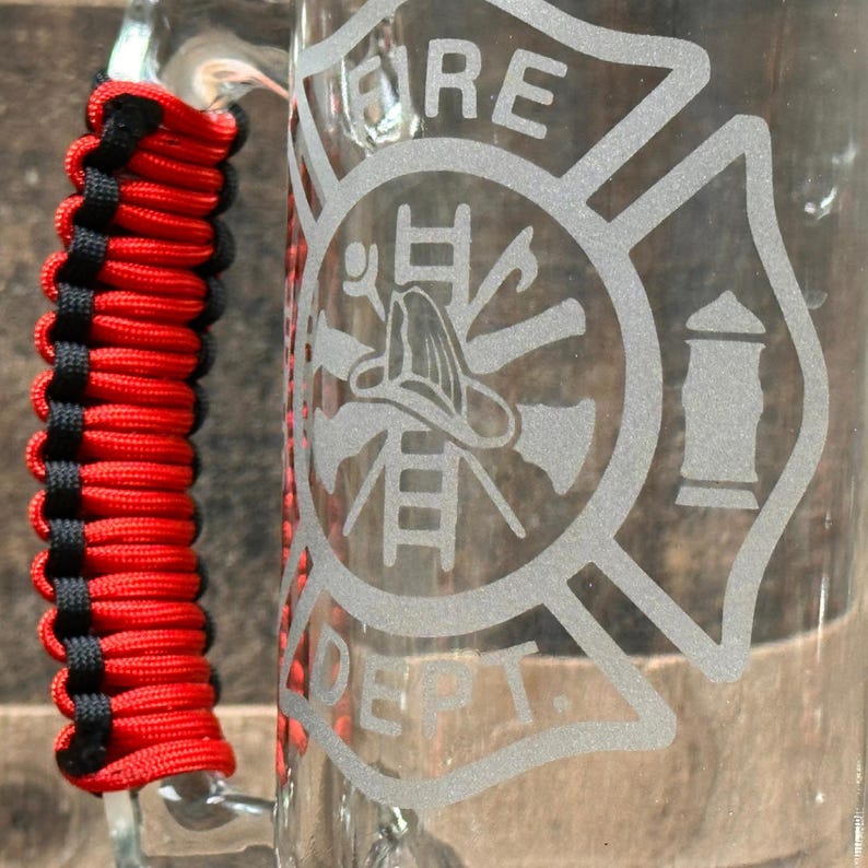 Personalized Firefighter Beer Mug, Etched Fire Department Insignia, Paracord Handle Option image 4