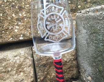 Firefighter Wine Glass with Paracord Stem, Etched Maltese Cross, Name Option