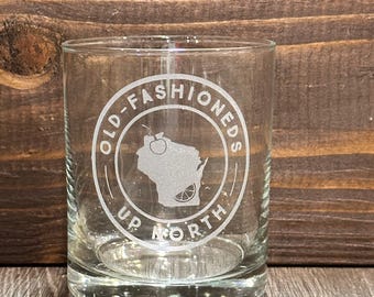 Wisconsin Old Fashioned Glass, Etched Rocks Glass for Brandy, Bourbon or Whiskey