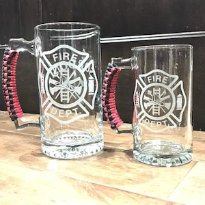 Personalized Firefighter Beer Mug, Etched Fire Department Insignia, Paracord Handle Option image 1
