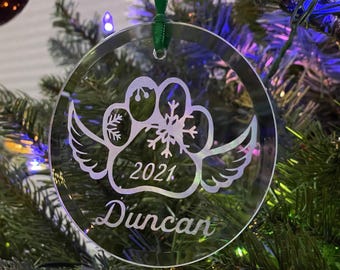 Dog Memorial Ornament, Personalized Etched Glass Paw Print with Wings, Name and Year