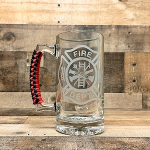 Personalized Firefighter Beer Mug, Etched Fire Department Insignia, Paracord Handle Option Paracord