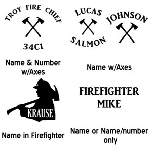May include: Four different designs for firefighter name tags. The first design features the words "Troy Fire Chief" in a curved arc above two crossed axes and the number "34C1" below. The second design features the words "Lucas Salmon" in a curved arc above two crossed axes. The third design features the words "Johnson" in a curved arc above two crossed axes. The fourth design features the words "Firefighter Mike" in a straight line. The text below each design describes the type of name tag.