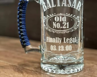 Personalized 21st Birthday Beer Mug, Custom Etched Glass with Paracord Handle