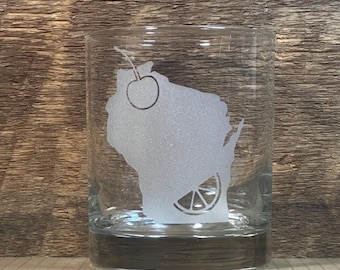Wisconsin Rocks Glass, Etched State with Orange Slice and Cherry for Old Fashioneds