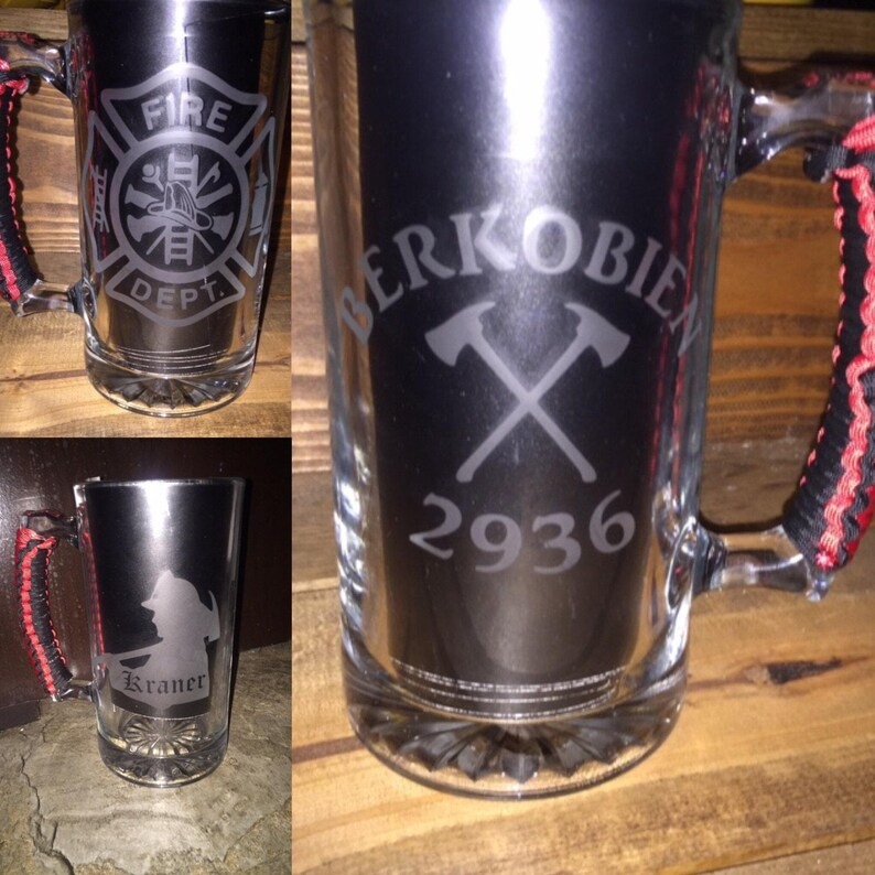 Personalized Firefighter Beer Mug, Etched Fire Department Insignia, Paracord Handle Option image 8