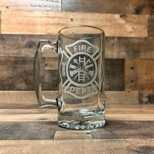 Personalized Firefighter Beer Mug, Etched Fire Department Insignia, Paracord Handle Option No Paracord