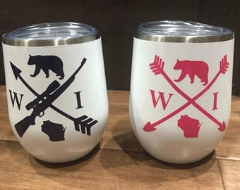 Bear Hunting Wine Tumbler, Insulated Stainless Steel with State and Arrows or Rifle