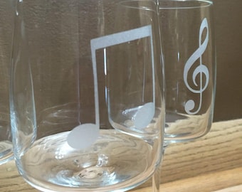 Music Wine Glass, Etched Treble Clef, Bass Clef or Notes, Stemmed or Stemless