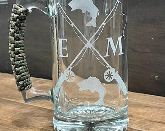 Personalized Fishing Beer Mug, Etched Crossed Fishing Poles with Initials and Fish