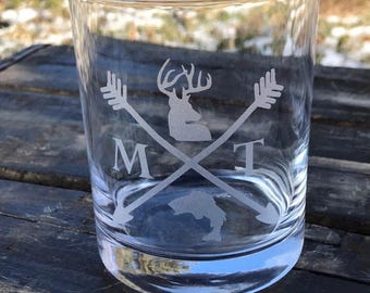 Hunting and Fishing Whiskey Glass, Etched Deer, Fish and State Initials
