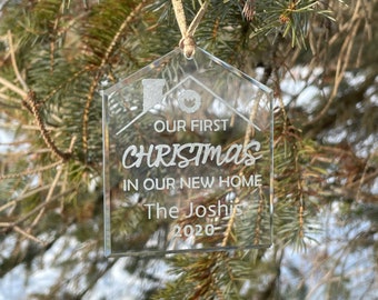 New Home Christmas Ornament: Personalized Glass - Name & Year Etched