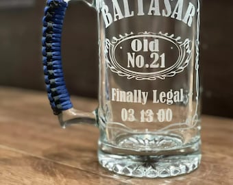 21st Birthday Beer Mug: Custom Etched Glass - Paracord Handle Option
