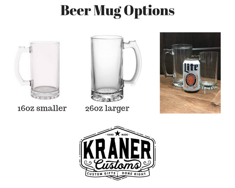 May include: Two clear glass beer mugs, one 16 ounce and one 26 ounce, with a can of Lite beer in the background. The mugs are both standard style with a handle on the side.
