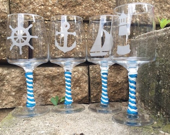 Etched Nautical Wine Glass with Paracord Stem, Anchor, Helm, Lighthouse or Sailboat