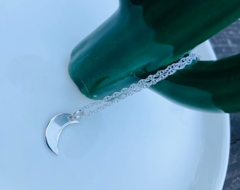 Sterling Silver Crescent Moon Necklace, Handcrafted Celestial Jewelry