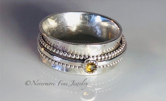 Citrine Sterling Silver Spinner Ring, Beaded Anxiety Ring