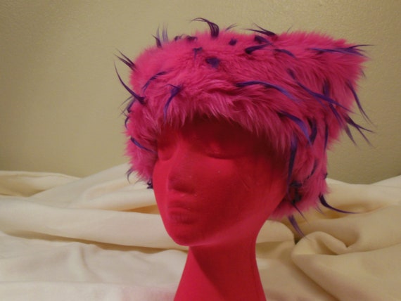 Custom Handcrafted Electric Fuchsia Neon Pink Faux Fur Festival Party Hat with Matching Appliques and Rhinestones Perfect for Burning Man