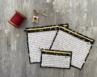 Black Bee Words - Zippered Needlework Project Bag - Choose your SIZE