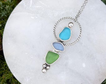 Trio Sea Glass Sterling Silver Pendant Genuine Sea Glass Jewelry Mother's Day Gift for Her