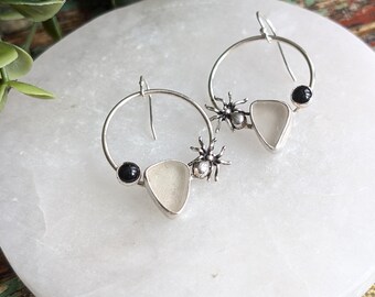 Spider Sea Glass Earrings Genuine Beach Glass Jewelry Sterling Silver Gift for Her