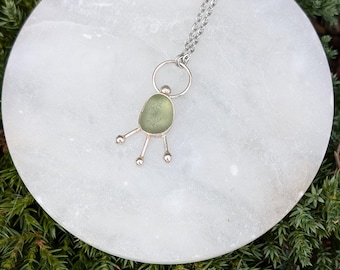 Seafoam Sea Glass Starburst Necklace, Sterling Silver Bezel
