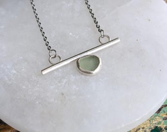 Pale Seafoam Sea Glass Bar Necklace Genuine Beach Glass Jewelry Sterling Silver Gift for Her
