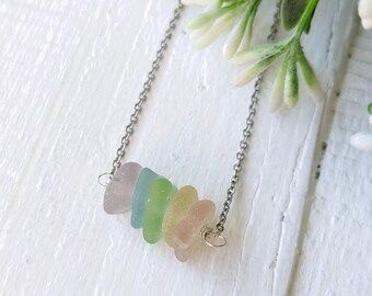 Rainbow Sea Glass Bar Necklace Pastel Genuine Beach Glass Jewelry Mother's Day Gift