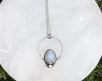 Handmade Sterling Silver Rainbow Moonstone Necklace, Circle Pendant