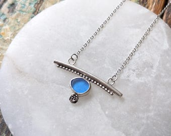 Cornflower Blue Sea Glass Necklace, Sterling Silver Bezel