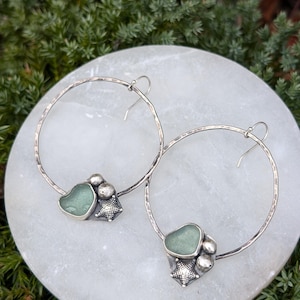 Light Blue Sea Glass Hoops/Genuine Sea Glass/Beach Glass Earrings/Gift for Her/Starfish/Starfish Jewelry/Genuine Sea Glass/Mother&#39;s Day Gift