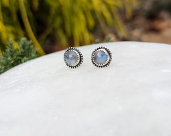 Rainbow Moonstone Studs, Sterling Silver Beaded Earrings