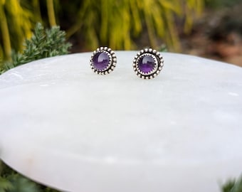 Handmade Sterling Silver Amethyst Stud Earrings with Beaded Border