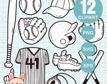 May include: Black and white baseball-themed clipart set. Includes a baseball bat, ball, cap, glove, helmet, jersey with the number 41, cleats, and crossed bats. The image also includes the text "BASEBALL CLIPART".